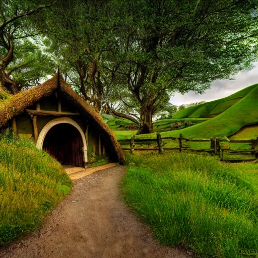 Image similar to Hobbiton from lord of the rings landscape, the hobbit landscape, lord of the rings, the shire, green fields, rolling hills, hobbit homes, landscape photography, lotr atmosphere, 8k, photo realism, beautiful
