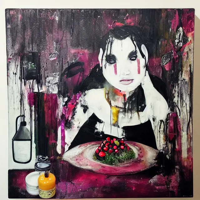 Image similar to “ a portrait in a female art student ’ s apartment, sensual, a pig theme, art supplies, paint tubes, ikebana, herbs, a candle dripping white wax, black walls, squashed berries, berry juice drips, acrylic and spray paint and oilstick on canvas, surrealism, neoexpressionism ”