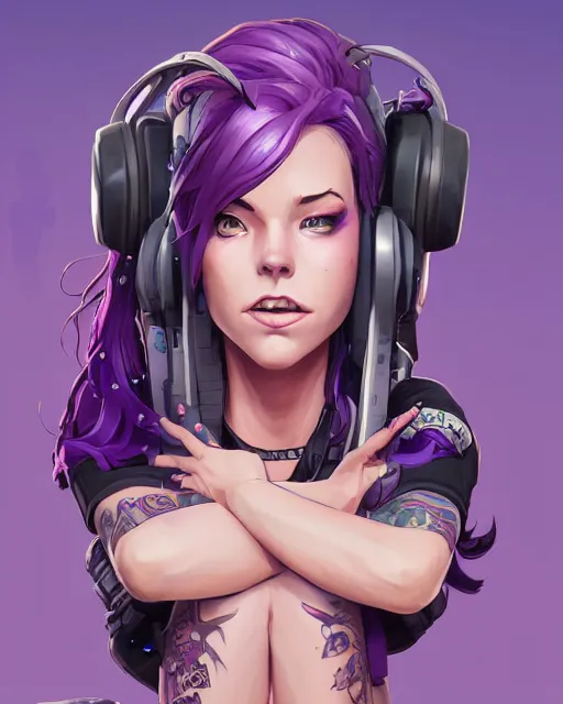 Prompt: beautiful female purple hair tattoo symmetrical face eyes headset twitch streamer full length fantasy art apex fortnite Video game icon, 2d game art gta5 cover , official fanart behance hd artstation by Jesper Ejsing, by RHADS, Makoto Shinkai and Lois van baarle, ilya kuvshinov, rossdraws