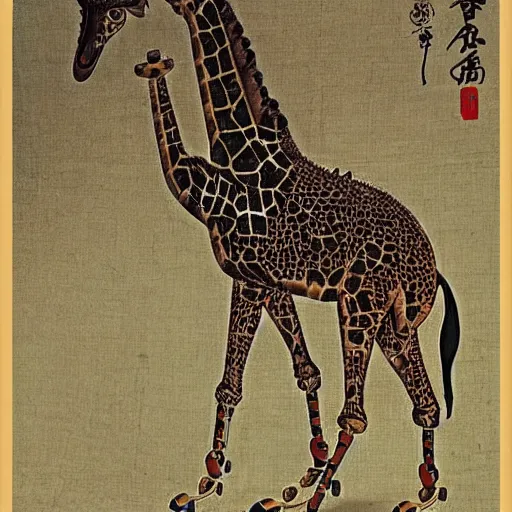 Image similar to steampunk animatronic in the shape of a giraffe, japanese painting