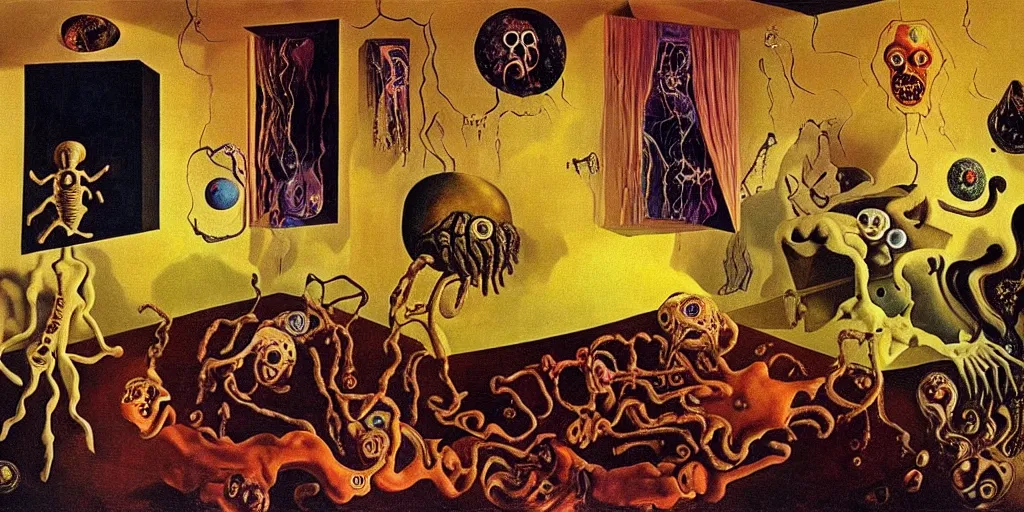 Prompt: a cosmic horror monstrosity inside of a childs bedroom, painting by salvador dali, extremely detailed, disturbing, cinematic, 4 k, 8 k,