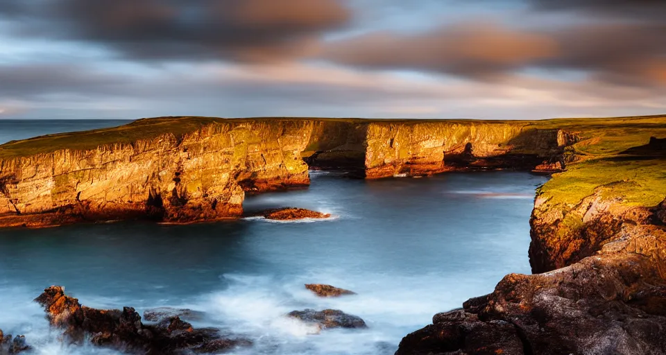 Image similar to beautiful Scotland landscape photography in sunset, cliffs, sea, dramatic sky, 500px, award winning, moody