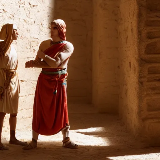 Image similar to cinematic still of 26 year old male in ancient Canaanite clothing meeting 18 year old female in ancient Canaanite clothing, dramatic lighting, establishing shot, high detail, Biblical epic directed by Wes Anderson