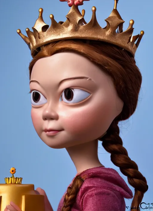 Image similar to closeup face profile portrait of greta thunberg as a tin toy fairytale princess wearing a crown eating cakes, bikini, depth of field, zeiss lens, fashion photoshoot, by nicoletta ceccoli, mark ryden, lostfish, dan decarlo, bob clampett, max fleischer, breathtaking, detailed, hyperrealistic, octane render