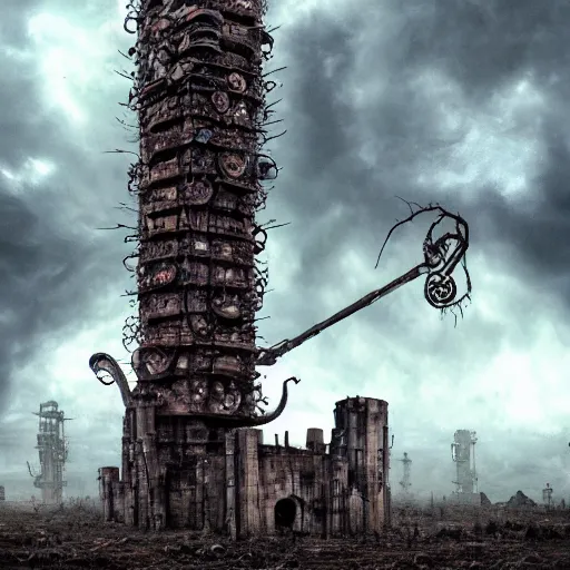 Image similar to giant evil bio-organic fleshy complex machine tower with tendrils and one eyeball at the top looking over a stormy post-apocalyptic wasteland, dystopian art