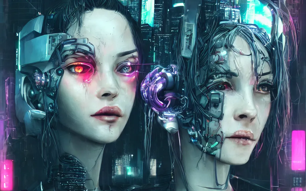 Image similar to A scary cyberpunk portrait of a cute woman, wires, LEDs, robot, cyborg, android, detailed, textured, Artstation:6, Blade Runner, Ghost in the Shell, Alita Battle Angel, Cyberpunk 2077, Borg, Pinterest:4 hair, pink:-6