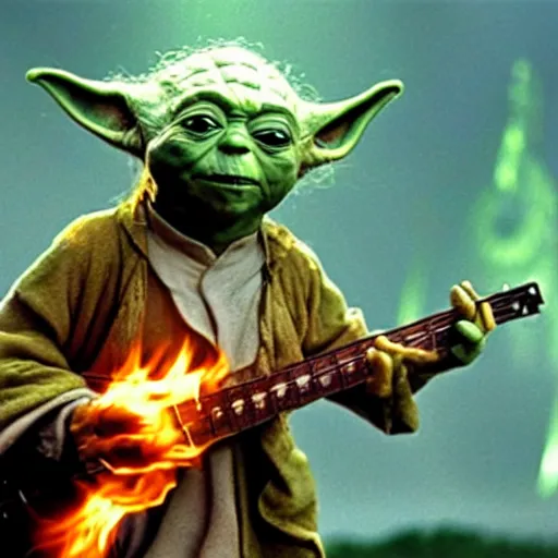 Image similar to yoda performing at woodstock in the year 1969 with a flaming guitar on stage, hyper realistic, 8k, real, photo