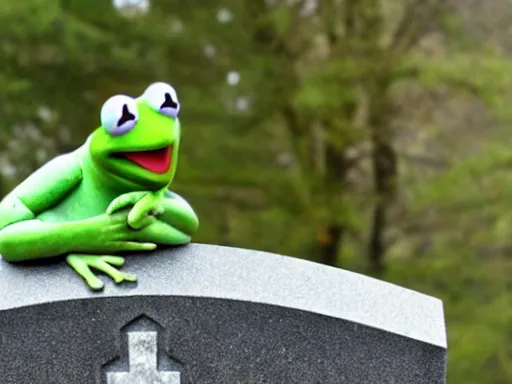 Image similar to A marble memorial statue of Kermit the frog at the graveyard, foggy day