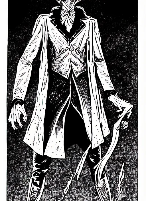 Image similar to spring - heeled jack d & d style illustration, full body, pen - and - ink illustration, etching, by russ nicholson, david a trampier, larry elmore, 1 9 8 1, hq scan, intricate details, inside stylized border