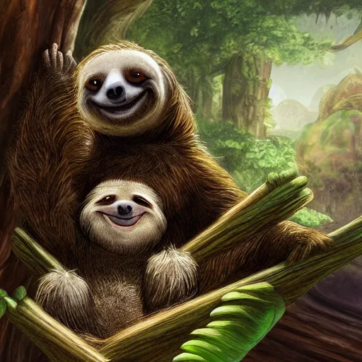Prompt: a fantasy artwork of a sloth enjoying his abundance