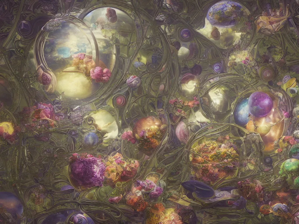 Image similar to The universe is a spheroid region 705 meters in diameter, 3d render, Sunlight Study, by Rachel Ruysch and ((((Lisa Frank)))), Art Nouveau, 8k, extreme detail, sharp focus, octane render