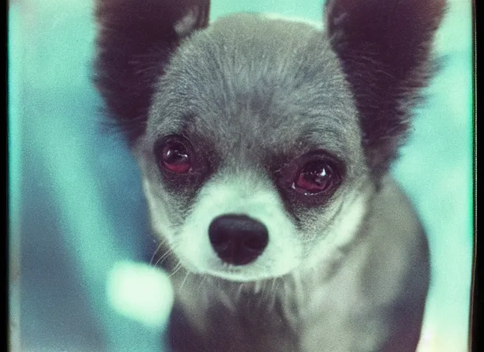 Image similar to a extreme close - up photo, color studio photographic portrait of a little dog bird hybrid, dramatic backlighting, 1 9 7 3 polaroid photo from life magazine,