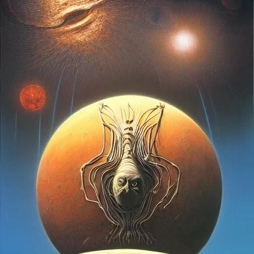 Image similar to Creature in space holding a planet made by Zdzislaw Beksinski, Jeffrey Smith and H.R. Giger, oil on canvas, 8k highly professionally detailed, trending on artstation