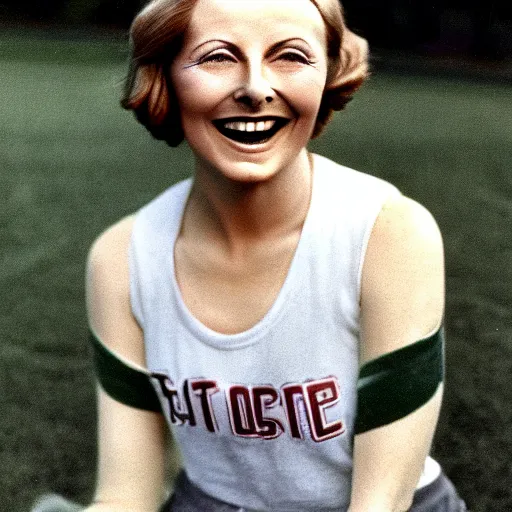 Prompt: a 1 9 2 8 color portrait. calm, happy, healthy, smiling, sporty, young, glowing greta garbo in athletic wear with big smile and healthy teeth. realistic, high quality.