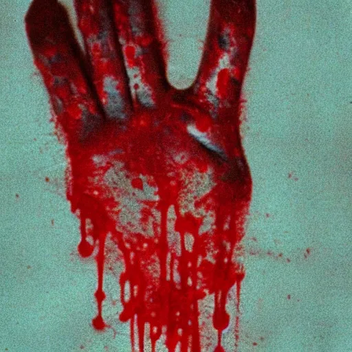 Image similar to filmic extreme closeup movie still 35mm film color photograph of a severed human hand, dripping blood, in the style of a 1980s horror movie