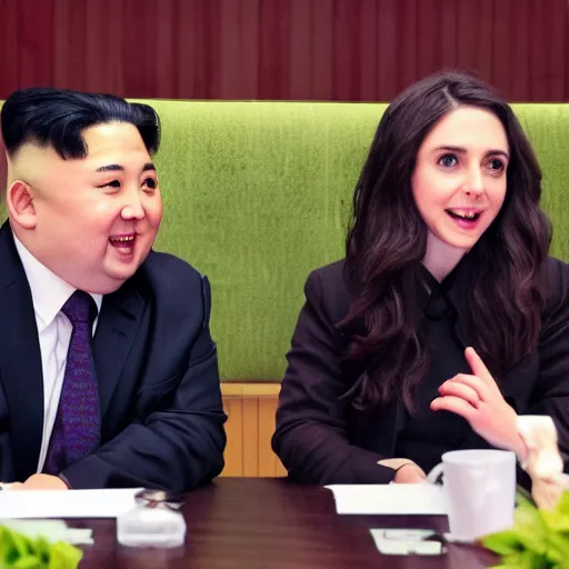 Image similar to close up shot of alison brie engaging peace talks with kim jong un at the slough corn exchange. photography, photographic