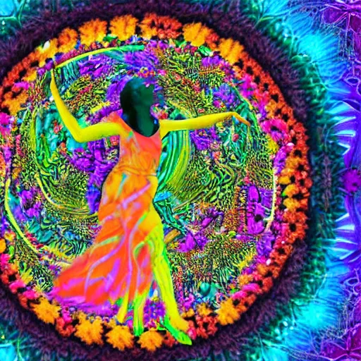 Image similar to the goddess of psychedelics dancing in a vortex made of flowers