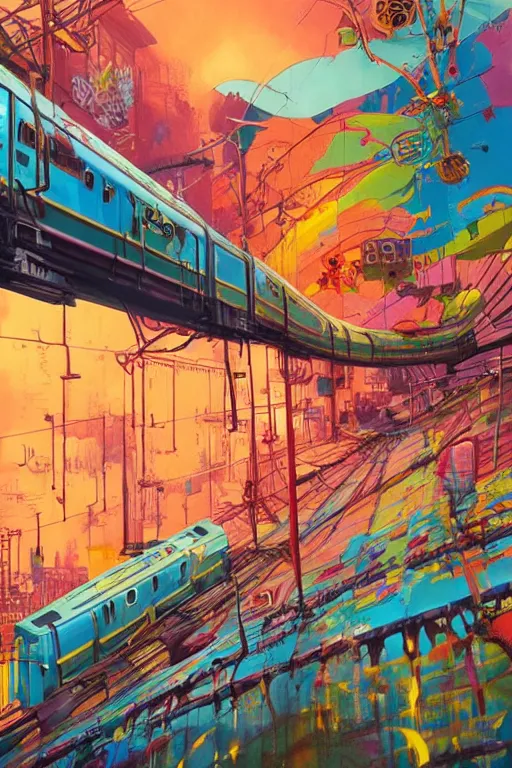 Prompt: trains covered in dripping colorful graffiti paint, painterly, james jean, yoshitaka amano, hiroshi yoshida, moebius, loish, artgerm, painterly, symmetrical, ultra detailed, hyper realistic, illustration, sunset lighting