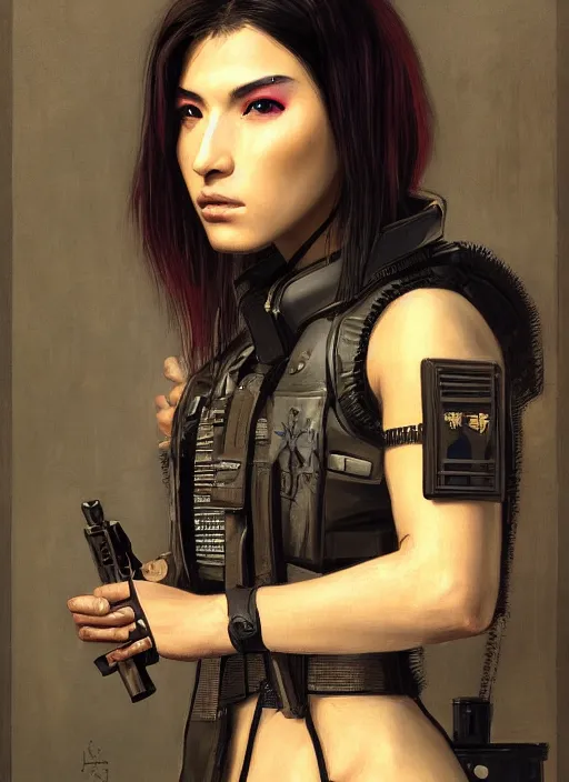 Image similar to Nikki. beautiful cyberpunk Samurai woman wearing a military vest and military jumpsuit (cyberpunk 2077, bladerunner 2049). gorgeous face. Iranian orientalist portrait by john william waterhouse and Edwin Longsden Long and Theodore Ralli and Nasreddine Dinet, oil on canvas. Cinematic, hyper realism, realistic proportions, dramatic lighting, high detail 4k