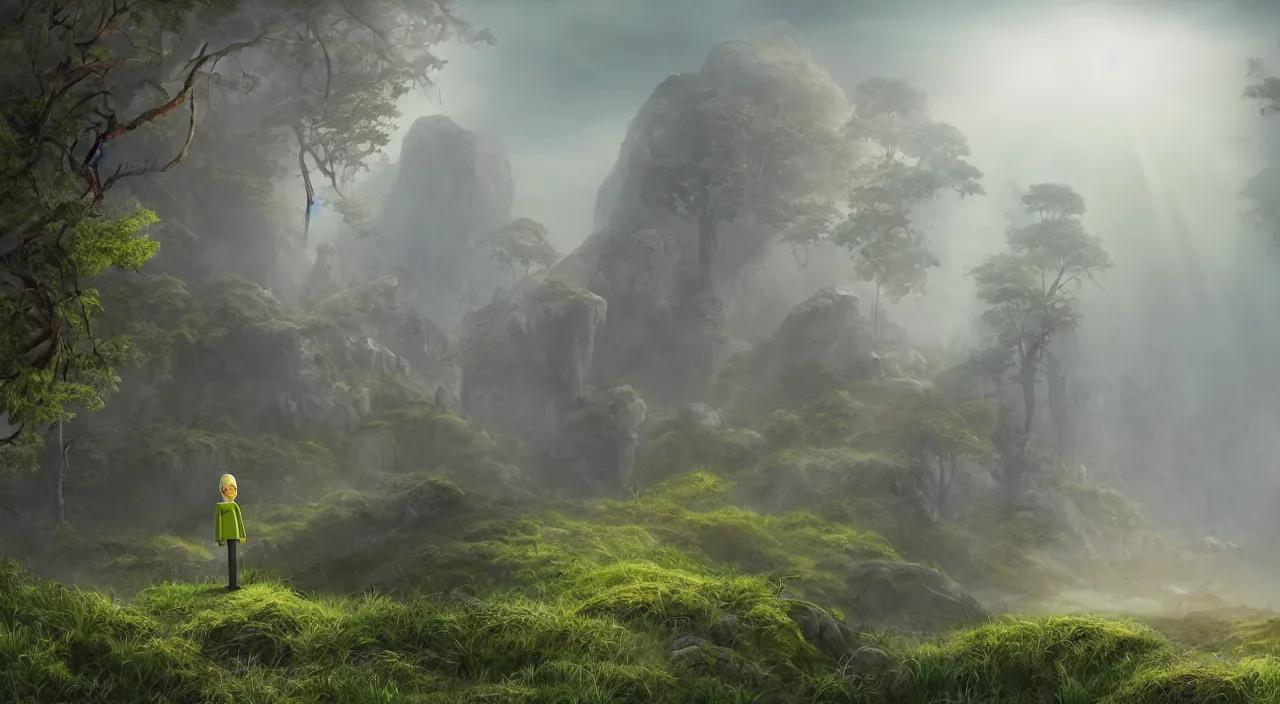 Image similar to photorealistic matte painting of mr burns of the simpsons standing far in misty overgrowth undergrowth jagged rock features volumetric fog light rays high contrast dawn