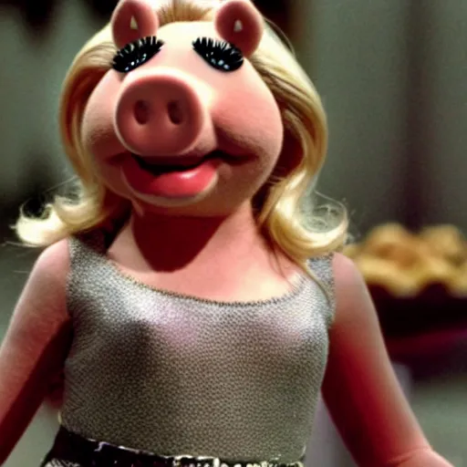 Image similar to movie still of miss piggy starring as trinity in the matrix movie