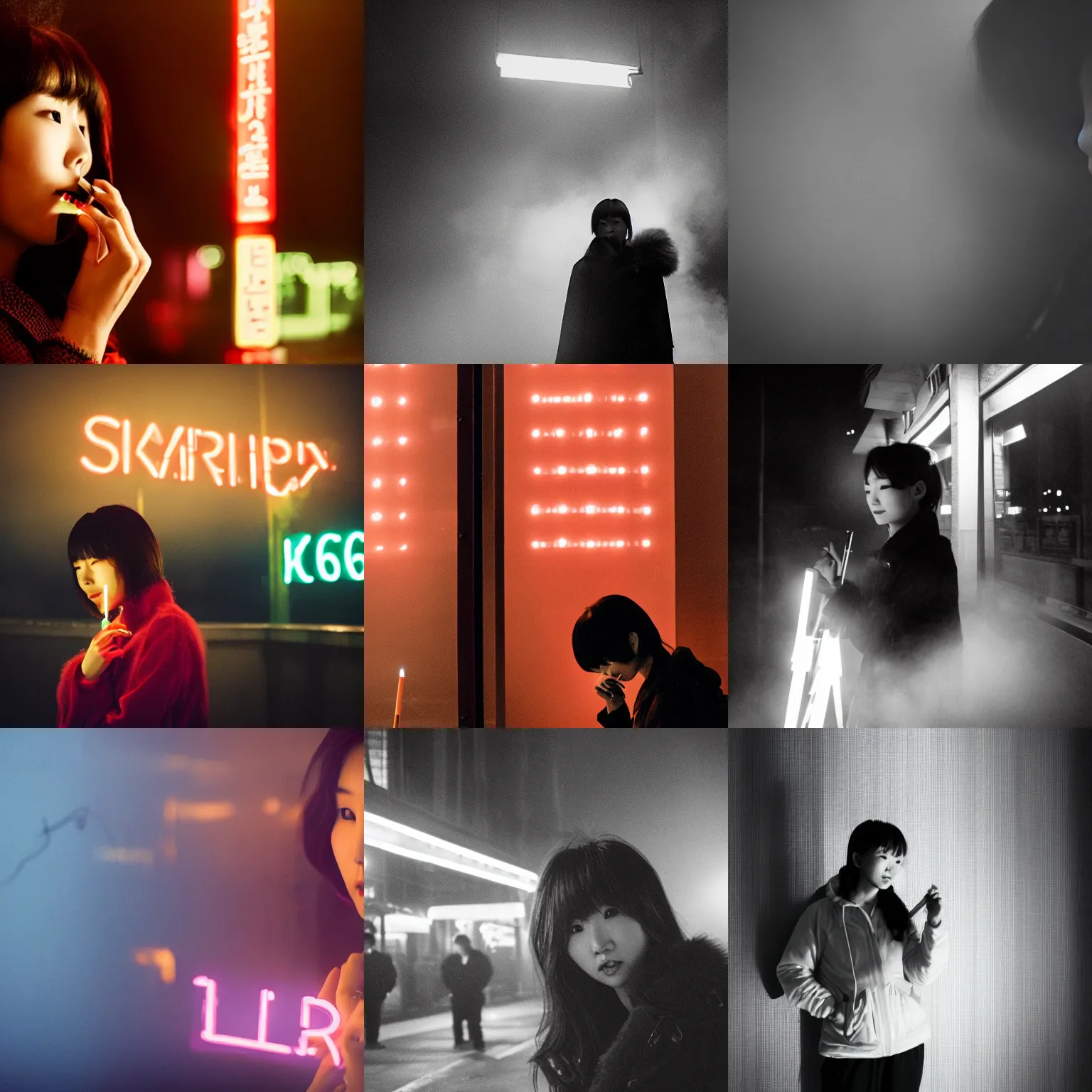 Prompt: a photo of a Korean woman, her face beautifully lit by a neon sign as she smokes a cigarette, highly atmospheric and foggy, shot on an arri lens