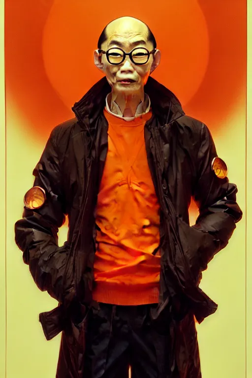 Image similar to thin japanese man with short black hair, thick round spectacles, wearing a bright orange bomber jacket, seductive communist dark fantasy, art by artgerm and karol bak and moebius and alphonse mucha and greg rutkowski, hyperdetailed, ultrarealistic, octane render
