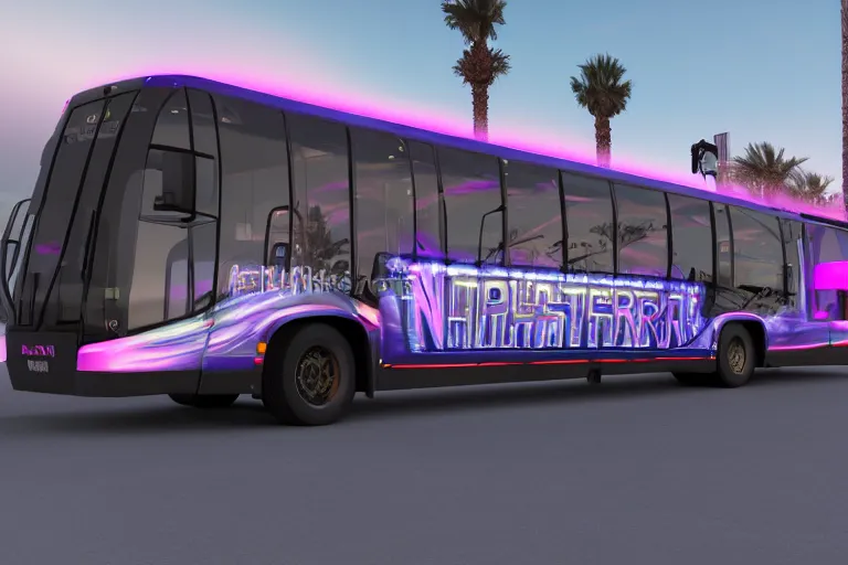 Prompt: photo of a futuristic nightliner bus outside in las vegas at night, custom airbrush paintjob, band name on the bus is tripmachine, realistic digital art, textured with a 3 d render of a huge futuristic steampunk generator, 8 k, fluorescent colors, halluzinogenic, multicolored, exaggerated detailed, unreal engine