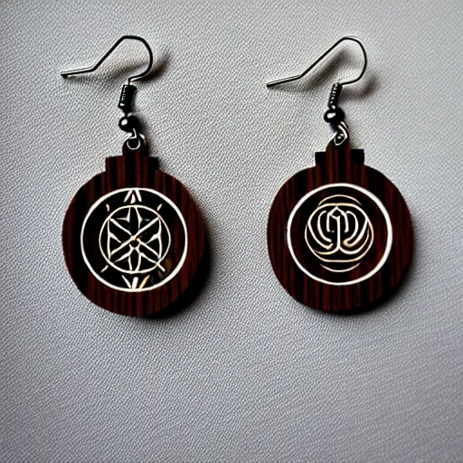 Image similar to 2 d wood lasercut earrings, mystical symbols, 8 k, hd, trending on amazon on artstation, trending on deviantart, trending on etsy, epic digital art