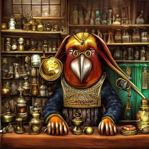 Prompt: Anthropomorphized parrot trader in his shop, selling his wares, portrait, items, gold, magic potions, carpet, window, sly expression , cunning expression, cute expression, long thick shiny black beak, presenting wares, holding a gold bag, D&D, fantasy, cinematic lighting, highly detailed, digital painting, artstation, concept art, smooth, sharp focus, illustration, warm light, cozy warm tint, magic the gathering artwork, volumetric lighting, 8k, art by Akihiko Yoshida, Greg Rutkowski