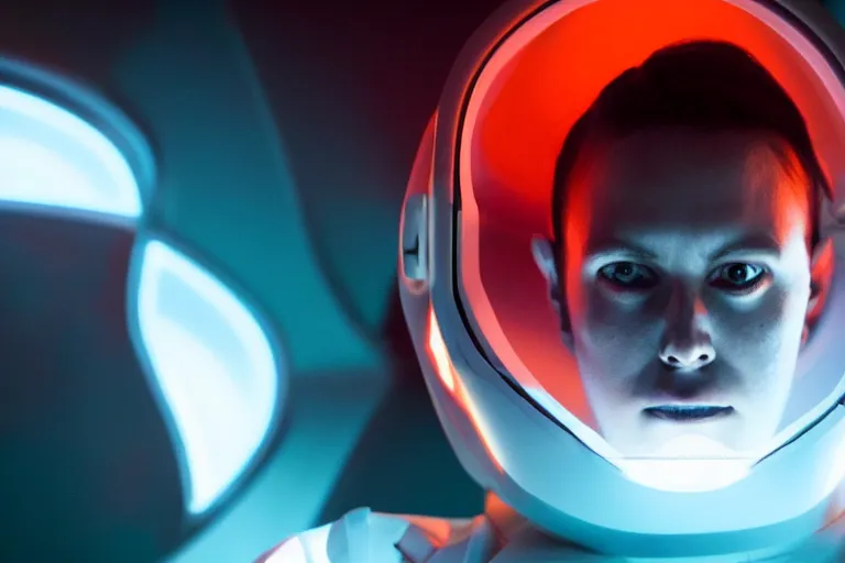 Image similar to VFX movie of a futuristic spaceman closeup portrait in high tech spaceship, beautiful natural skin neon lighting by Emmanuel Lubezki