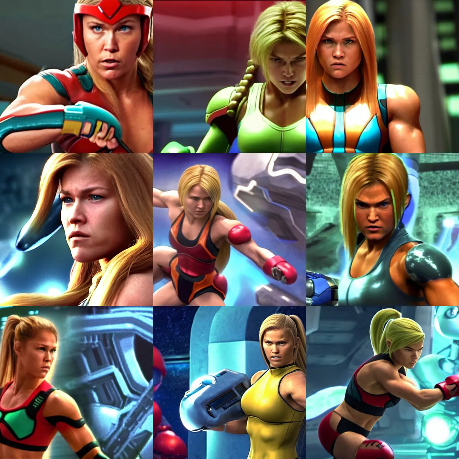 Prompt: cinematic still of Ronda Rousey as Samus Aran in Metroid: The Movie (2019)