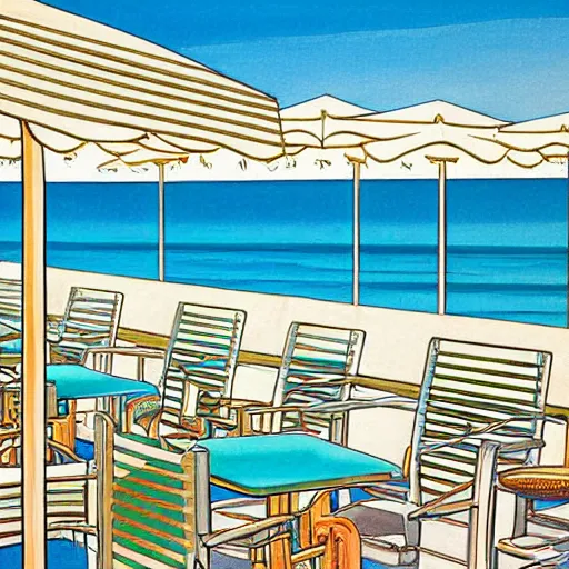 Image similar to a beautiful painting of a sunny day overlooking the beach from a hotel balcony by hiroshi nagai and hirohiko araki, detailed line art