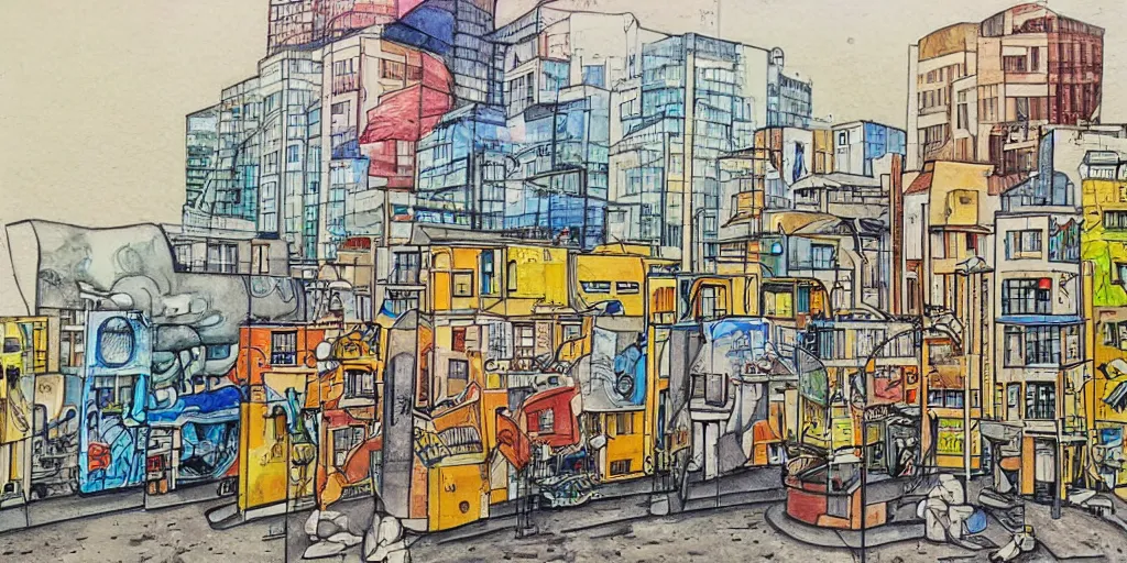 Prompt: street artists. painting of rounded bauhaus buildings in a junction in tel aviv. highly detailed. pen drawing painted with watercolors. colorful. surreal
