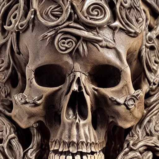 Prompt: gothic sculpture of skull with decorative baroque design, deep texture, intense detail, hyperealism, 4 k