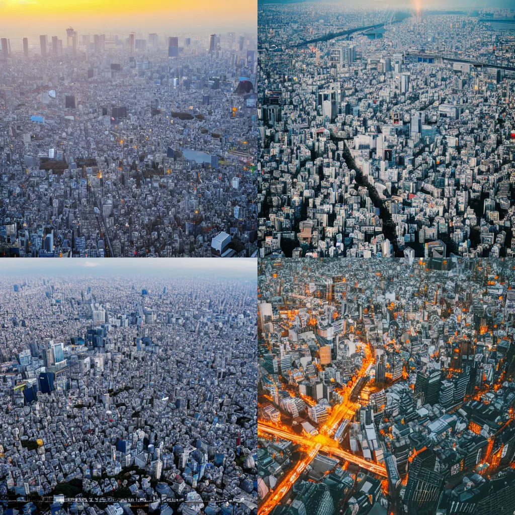 Prompt: a bird eye view photoshoot of tokyo city from above, small cloud, golden hour, dramatic lightning, enchanted, golden hour time, sunrise, trending on artstation