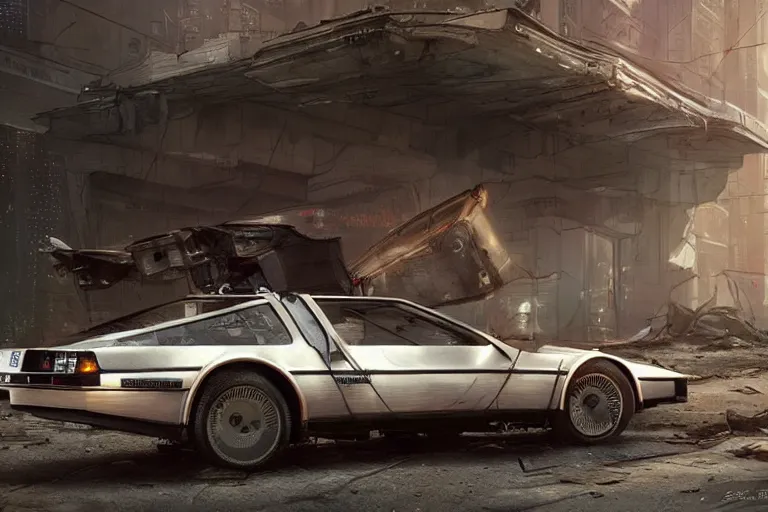 Image similar to highly detailed photorealistic rendering of a delorean parked on the streets of a cyberpunk abandoned city with the door open, futuristic post - apocalyptic vibe, by greg rutkowski and stanley artgerm and alphonse mucha, octane, sharp focus, hyperrealistic, unreal engine 5, vray, masterpiece