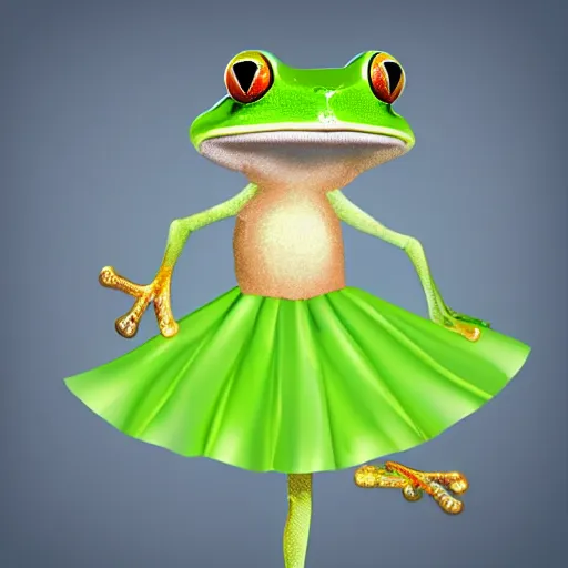 Prompt: fashion show with a super cute smiling green tree frog dressed in a green skirt, photo realistic, matte image