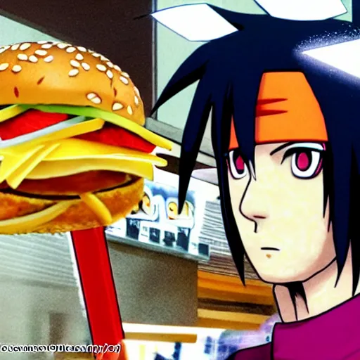 Prompt: sasuke at mcdonald's.