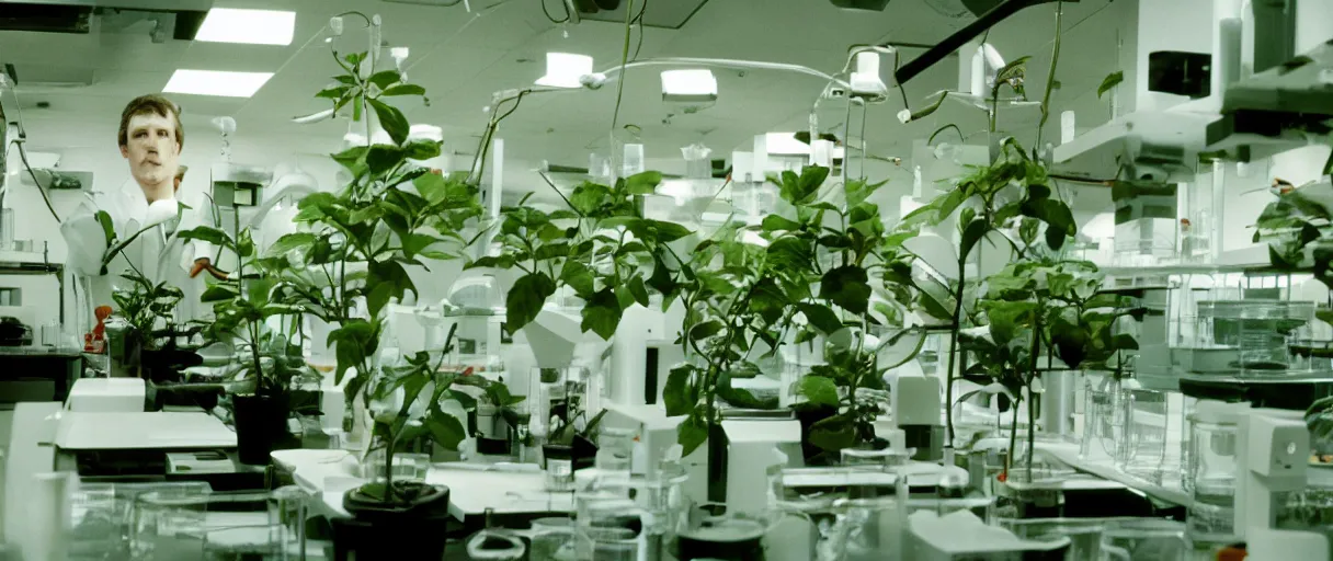 Image similar to filmic movie still 4 k uhd 3 5 mm film color photograph of minimal biology lab full of plants