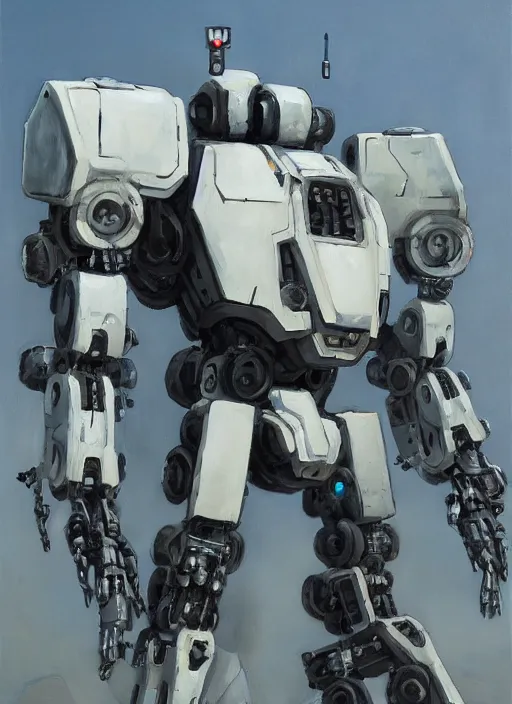 Image similar to an intricate oil painting of a giant pristine white mechsuit mecha mech with rounded components and tarpaulin cloak by kallamity, by ian mcque inspired by nier : automata, clean white lab background