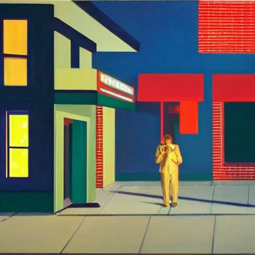 Image similar to an 80s dinner at night, the lights light up the street, Man with a paper bag over his head, in the style of Edward Hopper, 4K,