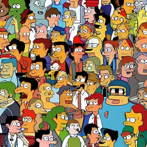 Image similar to All the characters of Futurama, in the style of a Where's Waldo book cover.