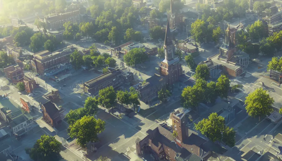 Prompt: small midwest town and city, square, trees, church, sunny day, volumetric light, hyperdetailed, artstation, cgsociety, 8 k