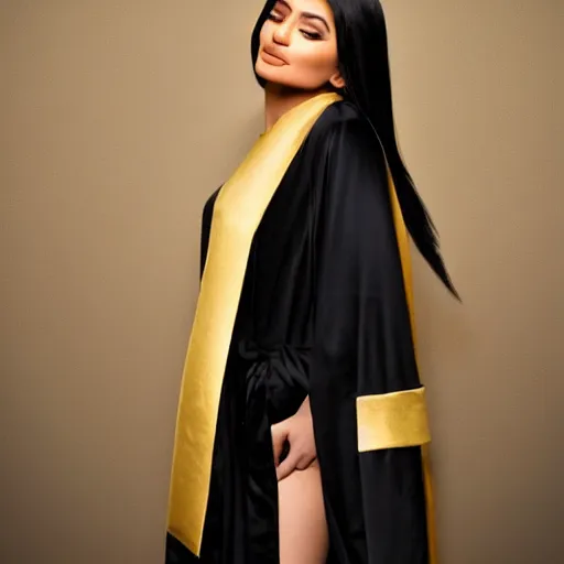 Prompt: kylie jenner wearing black robe and golden necklace cinematic photoshoot high quality highly affordable photo realistic 8 k hd