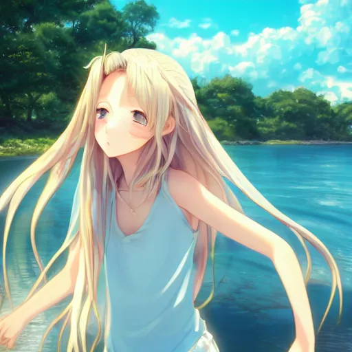 Image similar to a very beautiful anime girl, full body, long wavy blond hair, sky blue eyes, full round face, short smile, cute top, short jeans, summer lake setting, cinematic lightning, medium shot, mid-shot, highly detailed, trending on Artstation, Unreal Engine 4k, cinematic wallpaper by Stanley Artgerm Lau, WLOP, Rossdraws, and Sakimichan