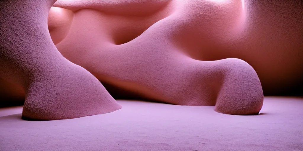 Image similar to soft biomorphic structures out of stocking - like material and nets that fills with various objects like spices, sand and shells by ernesto neto, dusty pink with light - mint color, film still from the movie directed by denis villeneuve with art direction by zdzisław beksinski, telephoto lens, shallow depth of field