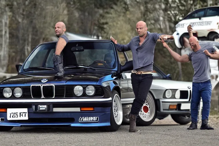 Image similar to Angry Jason Statham lifts BMW e30 that sits above him