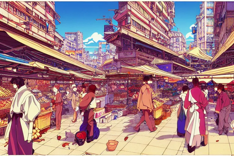 Prompt: cel shaded study of a busy market in a fantasy late renaissance city, key visual with intricate linework, in the style of moebius, ayami kojima, 90's anime, retro fantasy