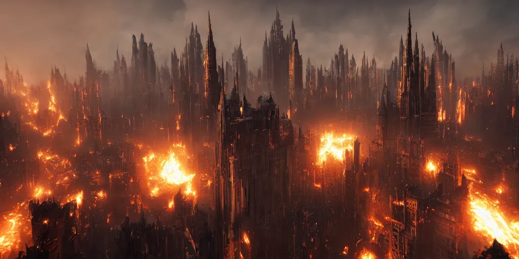 Image similar to gothic medieval cyberpunk city, giant explosion, fire, trail of smoke, high quality, detailed, 8k, unreal engine, octane render, trending on artstation